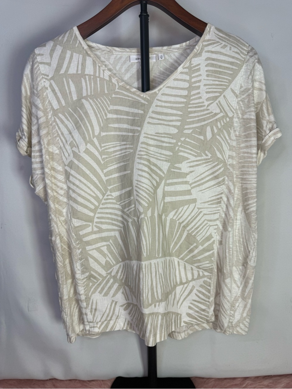Chico’s - Linen Casual V-Neck Leaf Print Beige Top - Size M